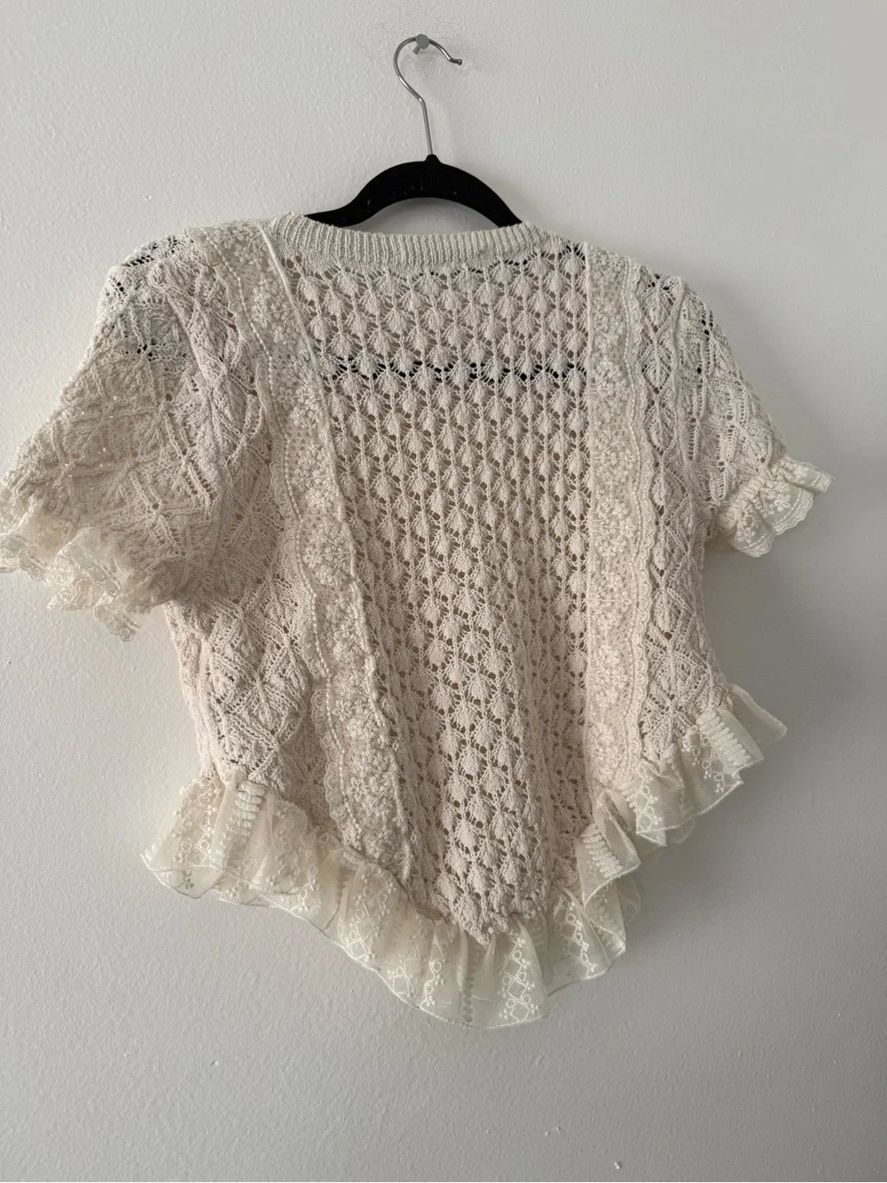 Zara Cream Lace-Knit Ruffle Hem Crop Top